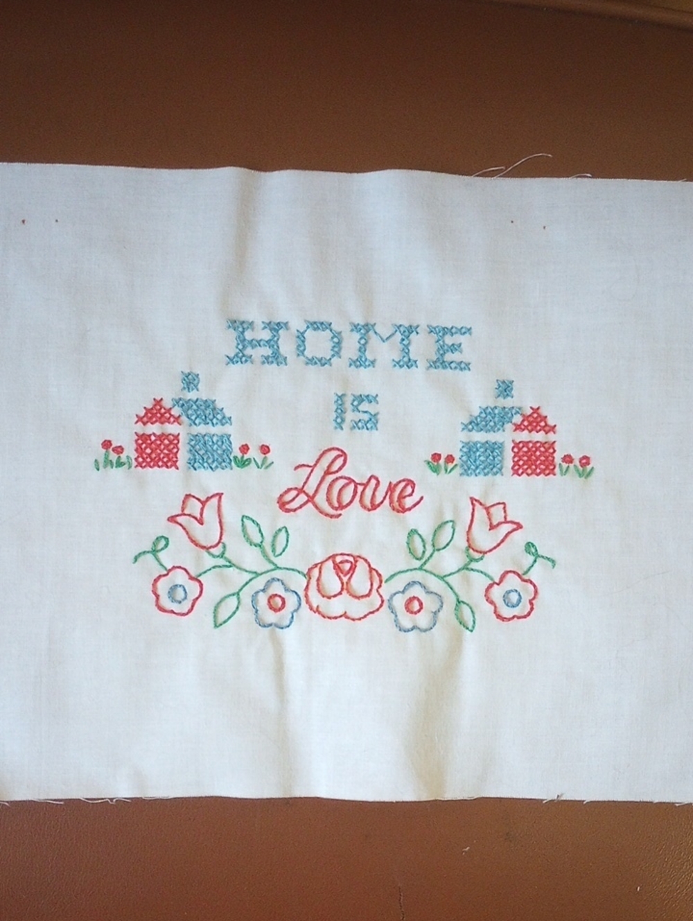 "Home Is Love" Completed Stamped Cross Stitch Vintage Retro Colorful Sampler
